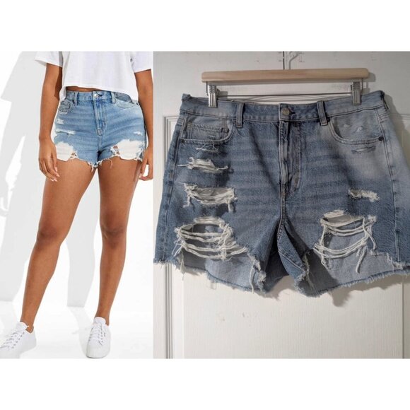 (Flaws) NWT AE | Distressed Mom Shorts in light blue - Picture 1 of 16